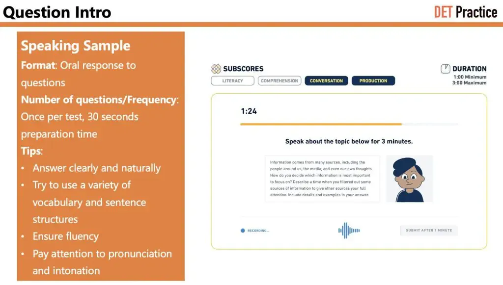 Tips and introduction to DET speaking sample questions.