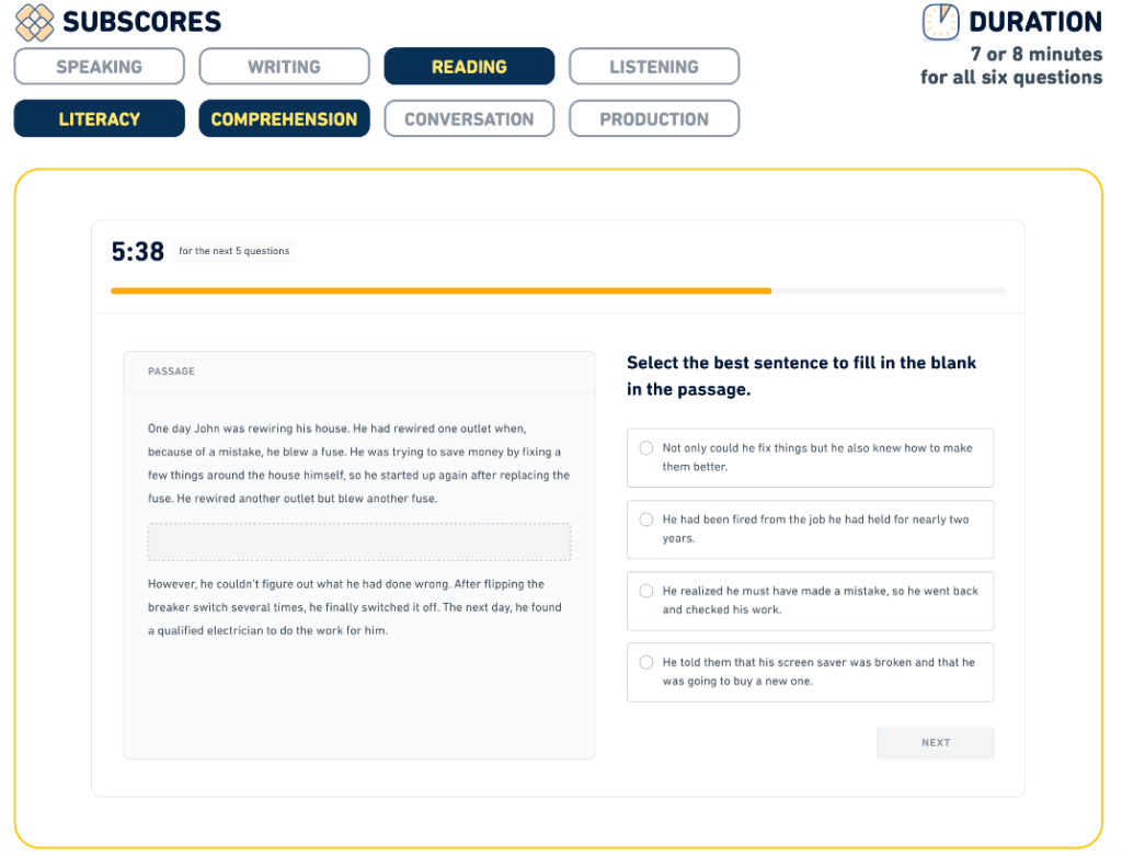 A screenshot of DET Interactive Reading: Complete the Passage.