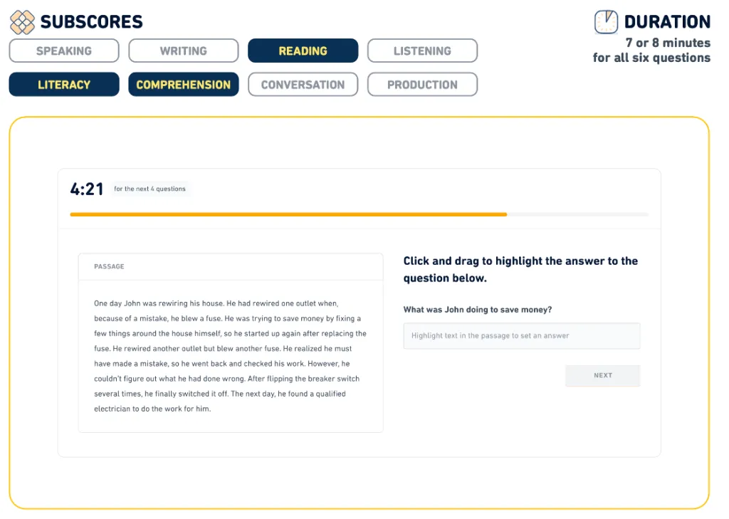 A screenshot of DET Interactive Reading: Highlight the Answer.