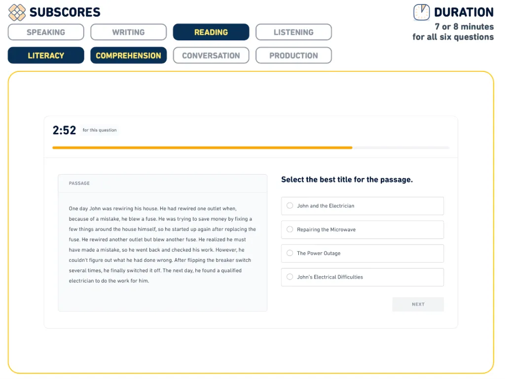A screenshot of DET Interactive Reading: Title the Passage.