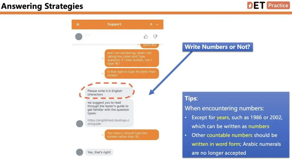 DET Answering Strategies: How to handle numbers?