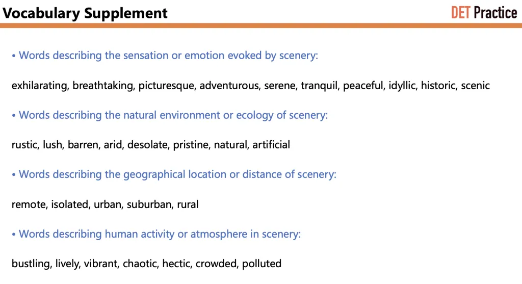 Vocabulary supplement for describing scenery.